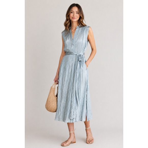 Vince Dresses & Skirts - Vince Mint Crinkled Popover Midi Dress Size L Belted Pockets Minimalist Luxury